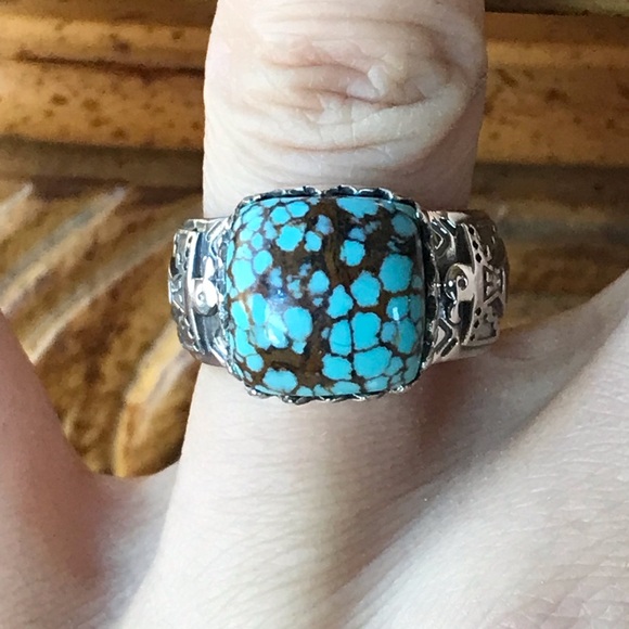 Royston Blue Horizon Turquoise Sterling Silver Thunderbird Ring - Picture 1 of 8